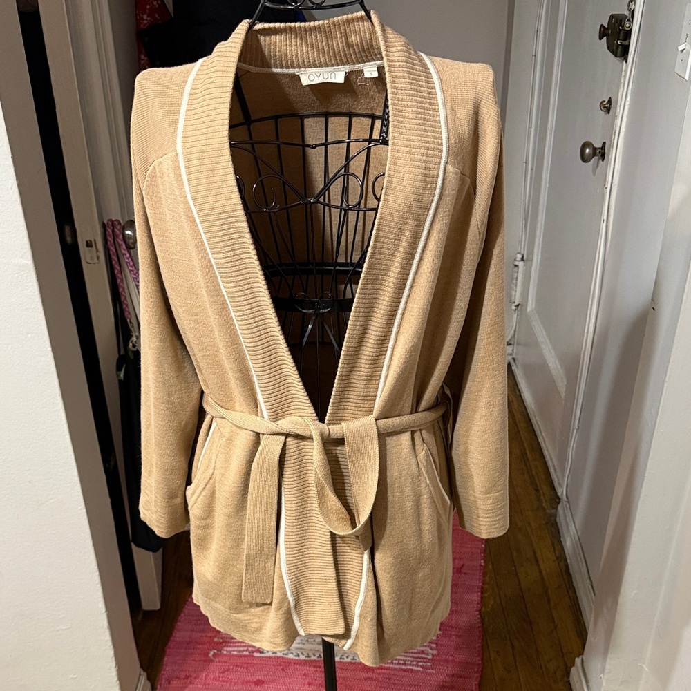 Tan OYUN Cardigan with Belt 100%fine merino wool